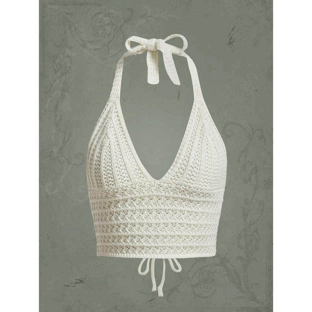 Women Lace Up Backless Crochet Crop Halter Top Boho Summer Streetwear - Picture 2 of 7